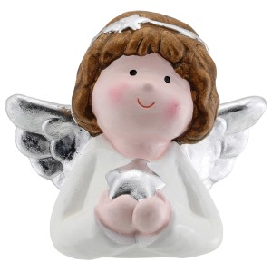 Weihnachts-Deko Engel mit Stern aus Keramik 10 cm x 9 cm Weiß-Silber