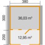 Grundriss Weka Holz-Gartenhaus mit Satteldach, unbehandelt, mit Maßen und Flächenangaben.