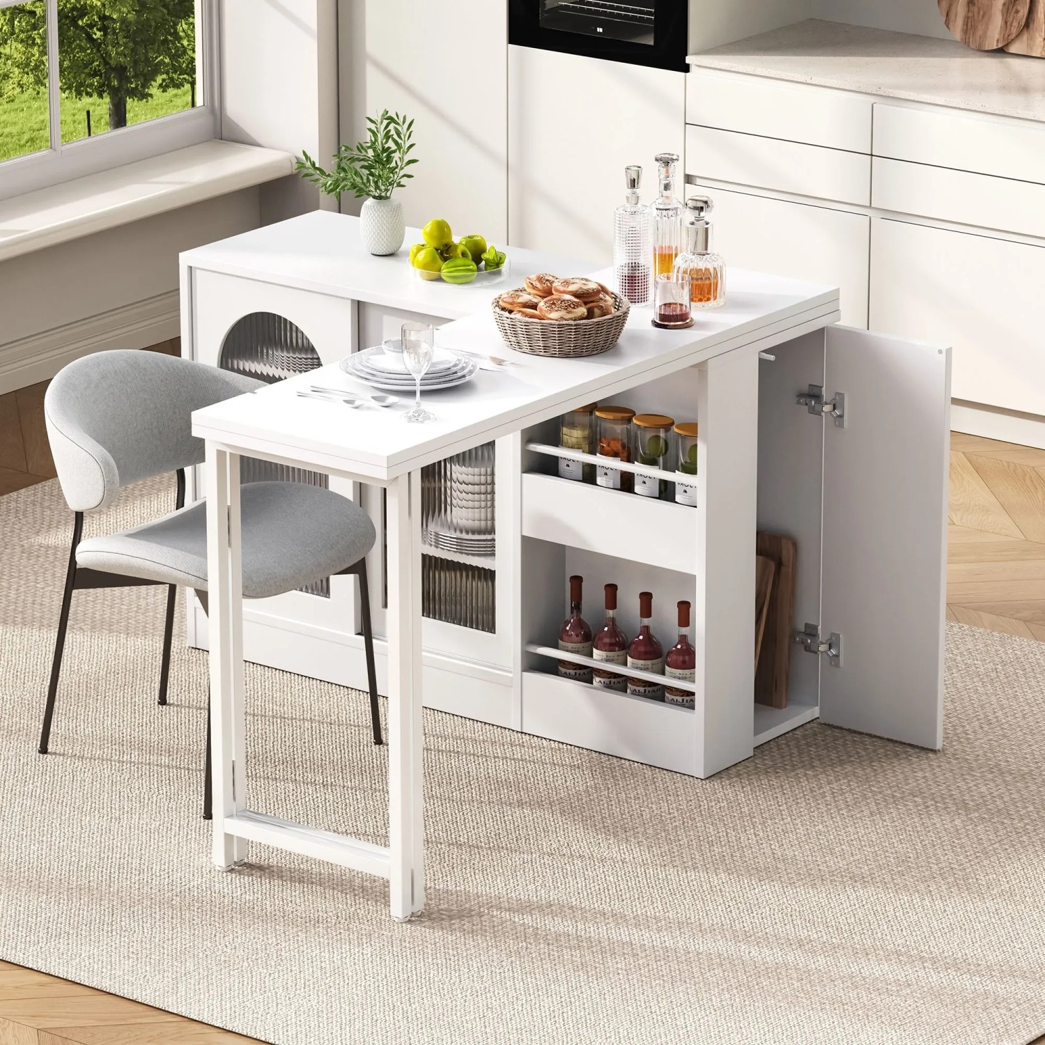 okwish Bartisch mit Ausziehbar Drehbar Stauraum Glasschranktür Küche 121.5x40x76.7cm Weiß kaufen bei OBI