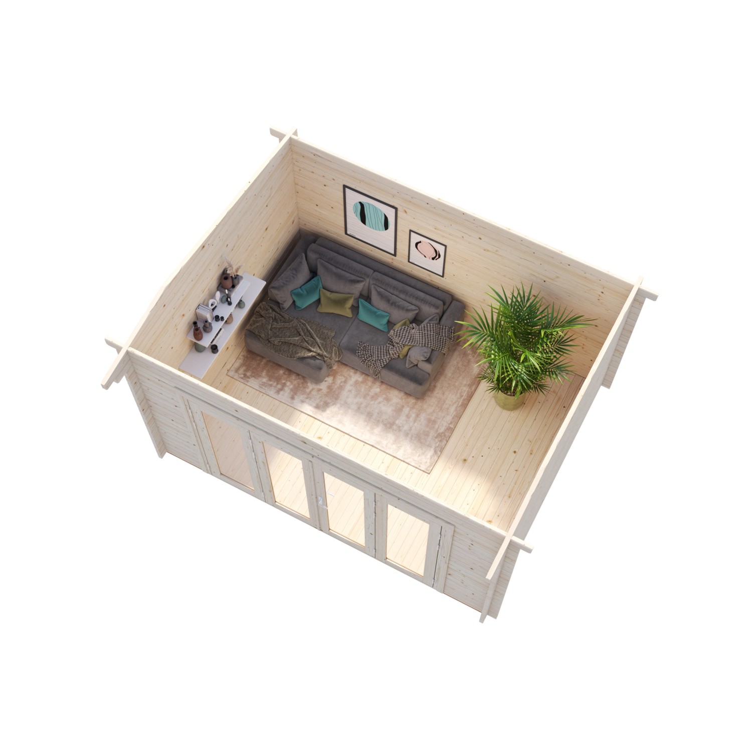 Palmako Gartenhaus Ines Bifold, hellgrau-anthrazit, mit Falttür und Inneneinrichtung. Holz-Gartenhaus.