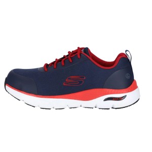 Marineblaue Skechers Sicherheitsschuhe Ringstap Arch Fit S3 für Herren mit roten Akzenten, Stahlkappe und rutschhemmender Sohle.
