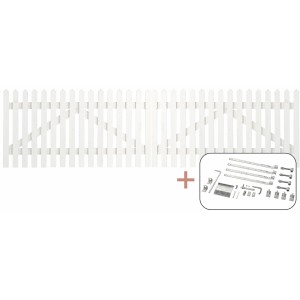 Weißes Doppeltor Skagen Lux aus Nadelholz, 300x80 cm, mit Beschlägen für Gartenzäune.