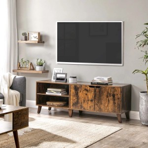 Vasagle Fernsehtisch (braun, 140 cm) im Landhausstil mit offenen Regalen und Türen.