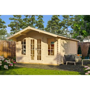 Skan Holz Gartenhaus Trondheim 2, naturbelassen, 380x380 cm. Holz-Gartenhaus mit Doppeltür und Fenstern.