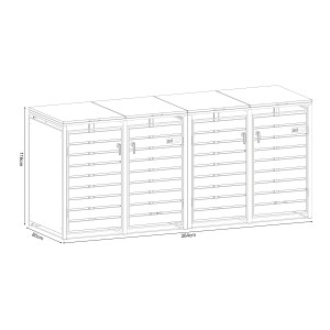 Axi Mülltonnenbox Lucas für 4 Tonnen (je 240 l), Metall Anthrazit/Holzoptik, Umrisszeichnung mit Maßen.