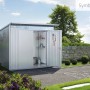 Biohort Metall-Gerätehaus AvantGarde Gr. A6, silber-metallic mit Doppeltür und Regalen.