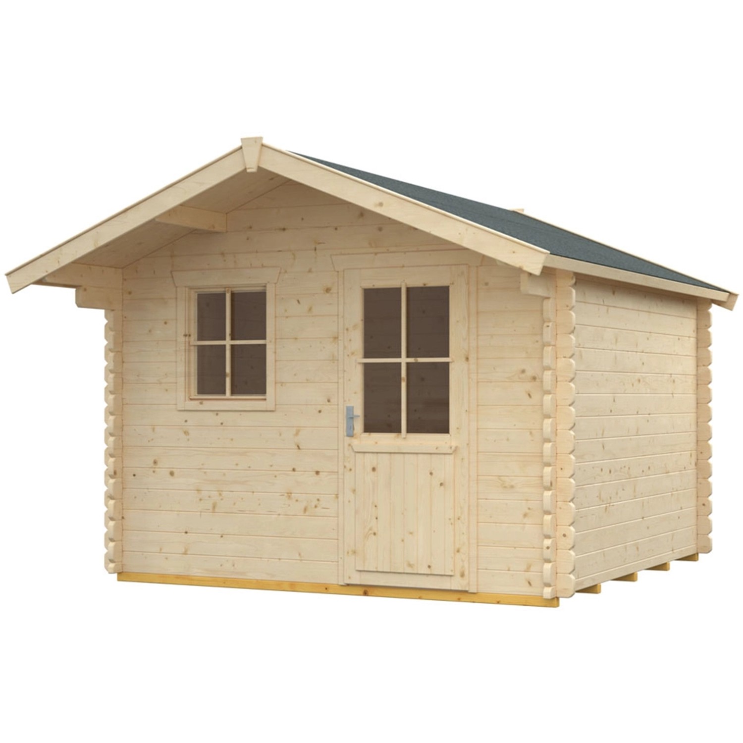 Skan Holz Gartenhaus Narvik 1, naturbelassen, 300x300 cm. Holz-Gartenhaus mit Satteldach, Tür und Fenster.