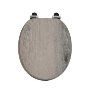 Sinobath WC-Sitz mit Absenkautomatik, graue Holzmaserung, ovale Form, robuste Metallscharniere.