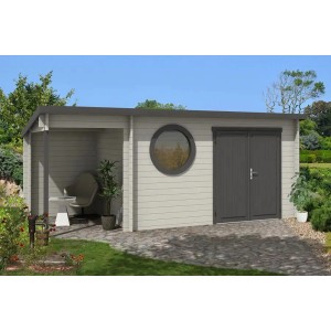Unbehandeltes Alpholz Gartenhaus Maria-Rondo mit Pultdach, 530x275 cm, mit Doppeltür und rundem Fenster.