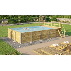 Rechteckiger Weka Holzpool mit Sonnendeck und Technikraum im Garten.