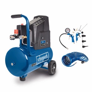 Scheppach HC30O Kompressor: Mobiler 24L Kompressor mit Zubehör für vielseitige Anwendungen.