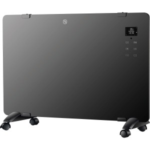 Schwarzer Glaspanel-Heizer 2000 W mit Display und Rollenfüßen. Elektrische Heizung für bis zu 20 m².