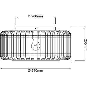 Skizze der hellbraunen Brilliant Deckenleuchte Woodrow Ø 50 cm mit Maßangaben.