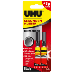 UHU Sekundenkleber, 2 Tuben à 3g, flüssig und blitzschnell für viele Materialien.