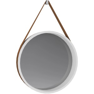 Aurlane Fjord Rundspiegel, 50 cm, weiß matt, mit braunem Ledergurt zum Aufhängen.