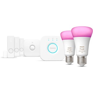 Philips Hue Secure Starter-Set mit Kontaktsensor: 2 smarte Lampen, Bridge, Bewegungssensor und 3 Kontaktsensoren.