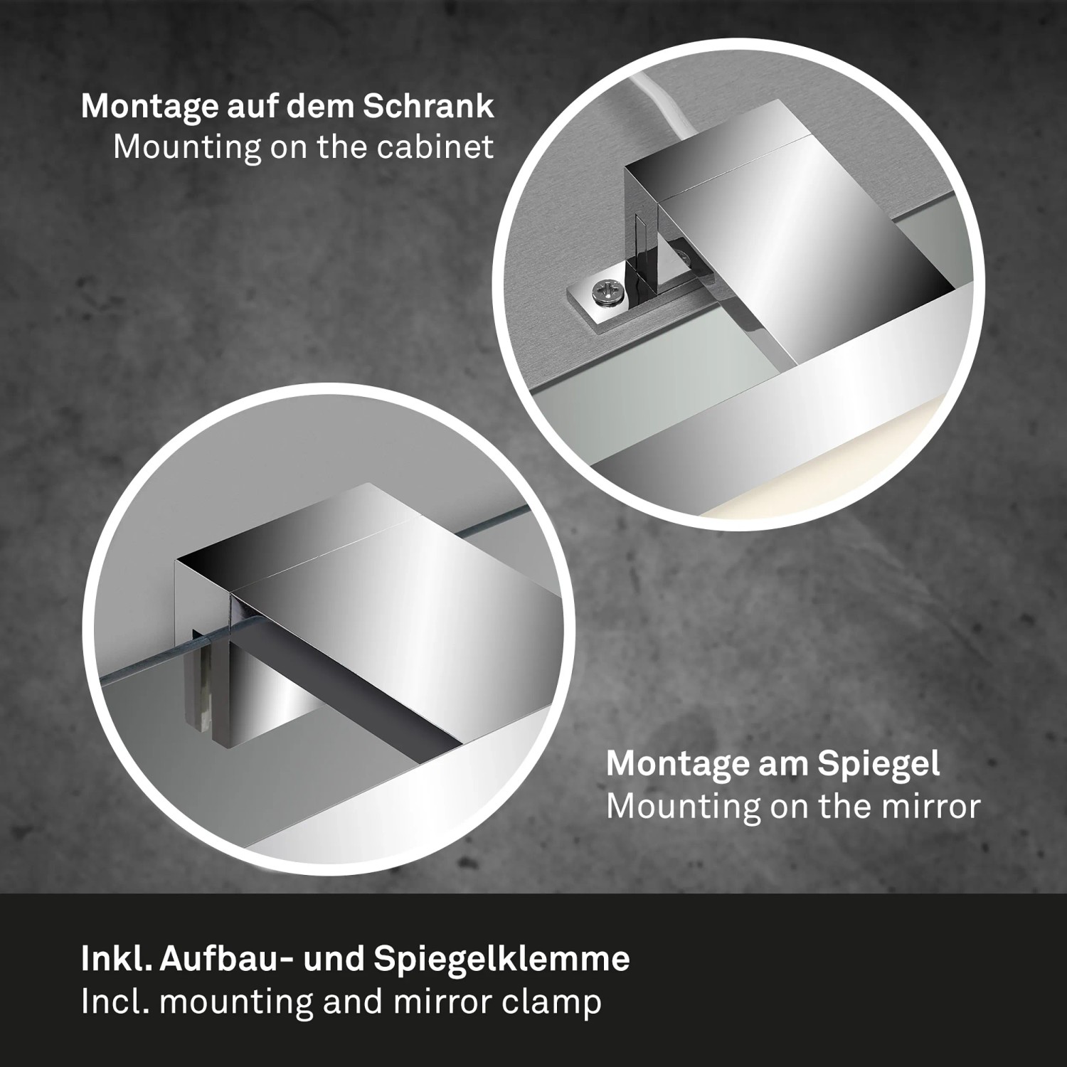 Detailaufnahme: Montage der chromfarbenen Briloner LED Spiegelleuchte am Schrank und Spiegel.