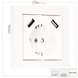 Weiße ProCharge Steckdose mit 2 USB-A Anschlüssen für schnelles Laden.