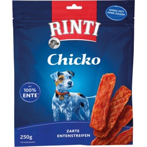 Rinti Chicko Entenstreifen, 250g Packung Hunde-Natursnack mit zarten Entenstreifen.