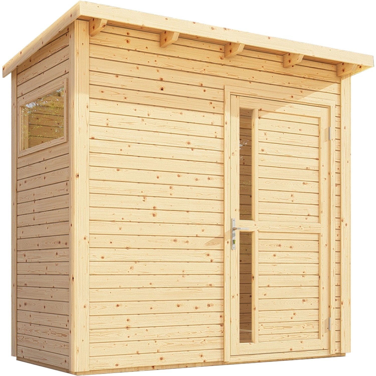 Bertilo Gartenhaus Pentus 1 aus naturbelassenem Holz mit Fenster und Tür.