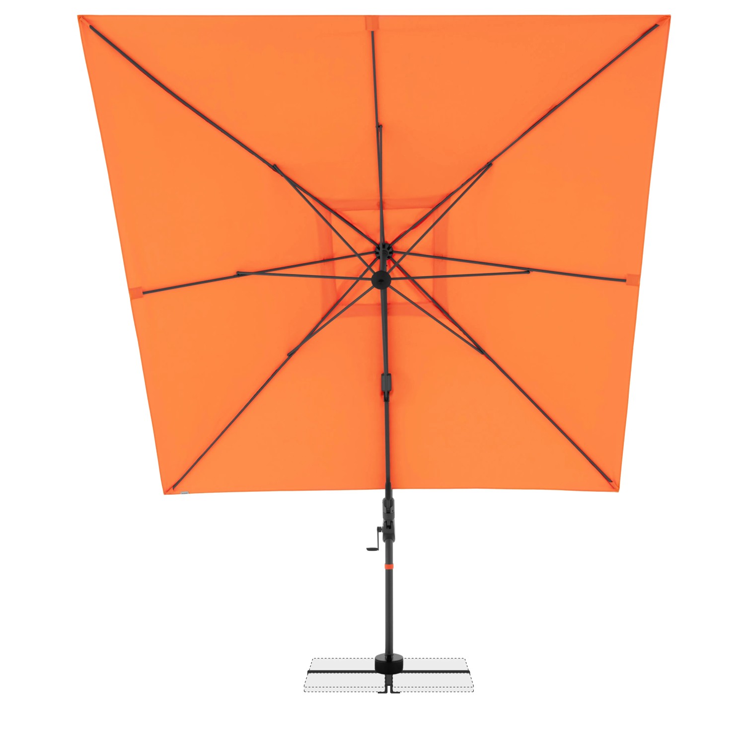Quadratischer, orangefarbener Doppler Ampelschirm 280x280 cm mit Dreh- und Neigefunktion.