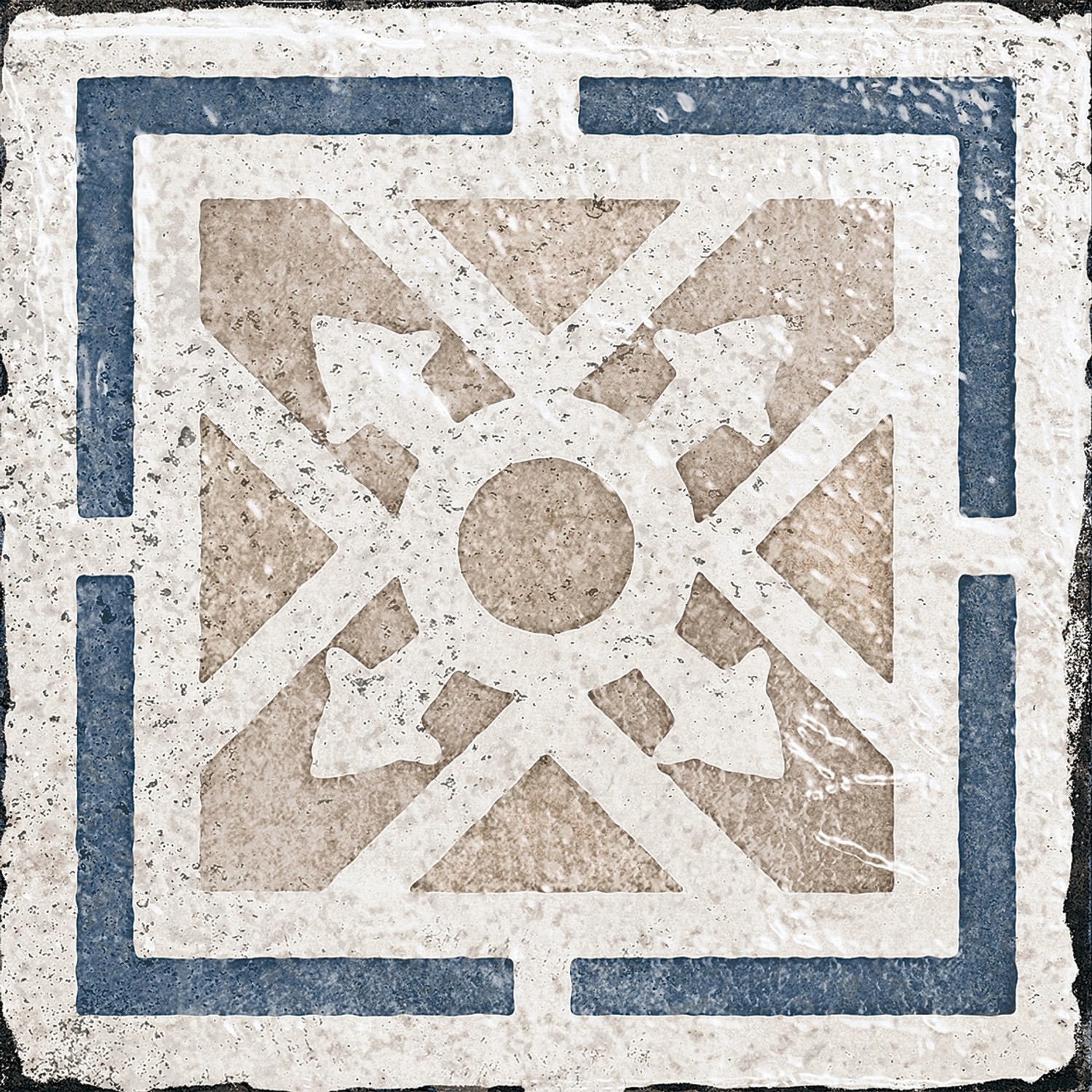 Quadratische, matte Bodenfliese aus Feinsteinzeug, 20x20 cm, mit blau-beige Muster.
