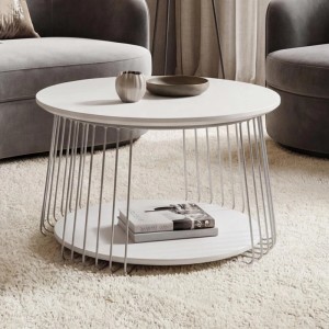 Weißer MCA Couchtisch P60 mit Metallgestell und runder MDF-Tischplatte.