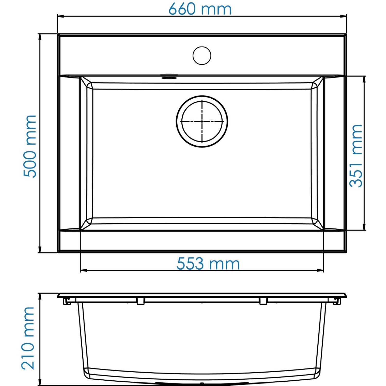 Skizze der Respekta Einbauspüle Mineralite Ohio, 66x50 cm, schwarz, mit Maßangaben.
