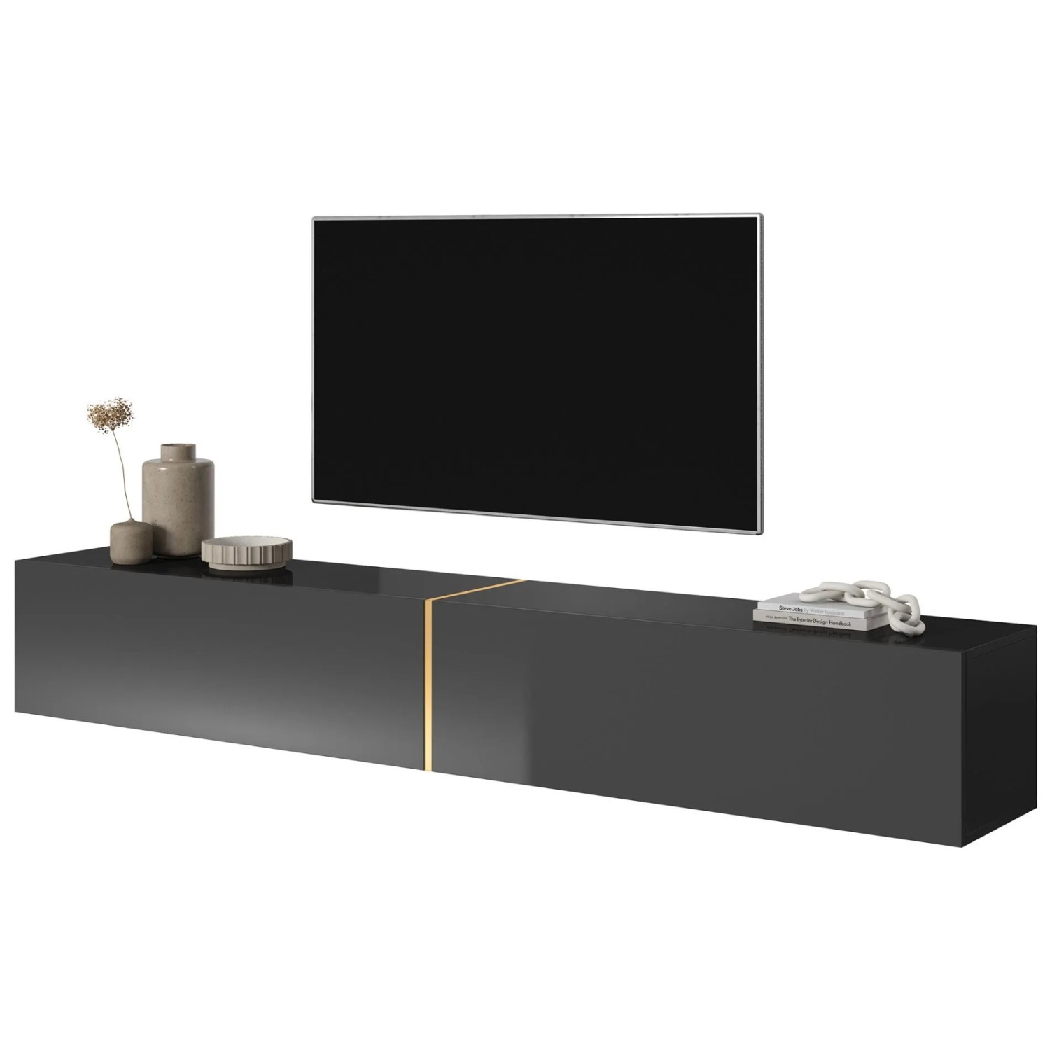 Selsey TV-Hängeboard Bisira 200 cm Schwarz mit Goldenem Einsatz_6