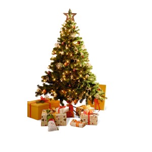 Geschmückter, künstlicher Weihnachtsbaum (180 cm) mit Beleuchtung und Geschenken.