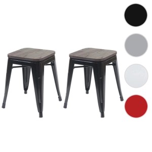 2er Set Hocker, schwarz, mit Sitzfläche aus Ulmenholz. Stapelbare Metallhocker.