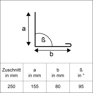 Abbildung eines Winkelblechs mit Wasserfalz Alu Natur Zuschnitt mit Maßen.