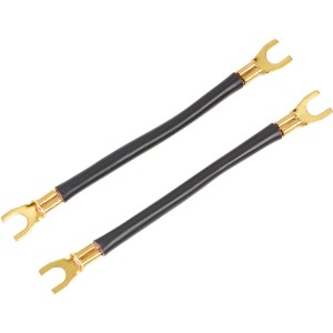 Zwei schwarze Verdrahtungsbrücken mit Gabel, 125 mm, für Leitungsschutzschalter.