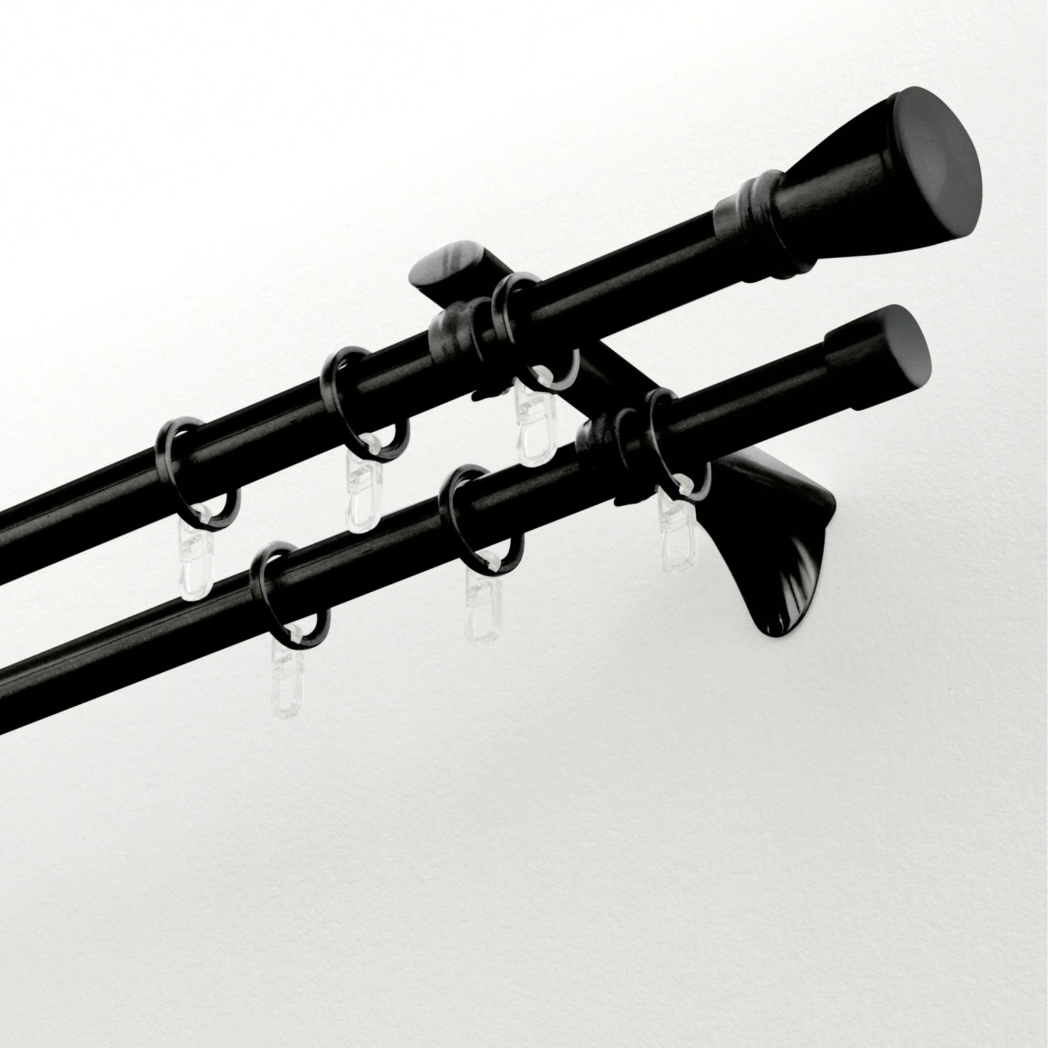 Schwarze Gardinia Chicago Gardinenstange (Ø 20 mm, 160 cm) mit zwei Stangen und Zubehör.