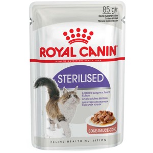 Royal Canin Sterilised Katzen-Nassfutter in Soße, 85g Portionsbeutel für kastrierte Katzen.