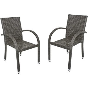 2er-Set Stapelstühle Modesto, dunkelgraues Aluminiumgestell mit Polyrattan-Bespannung für Garten oder Terrasse.
