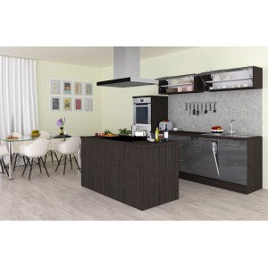 Respekta Premium Inselküche 280 cm, Grau Hochglanz/Eiche Grau, mit E-Geräten und Kochinsel.