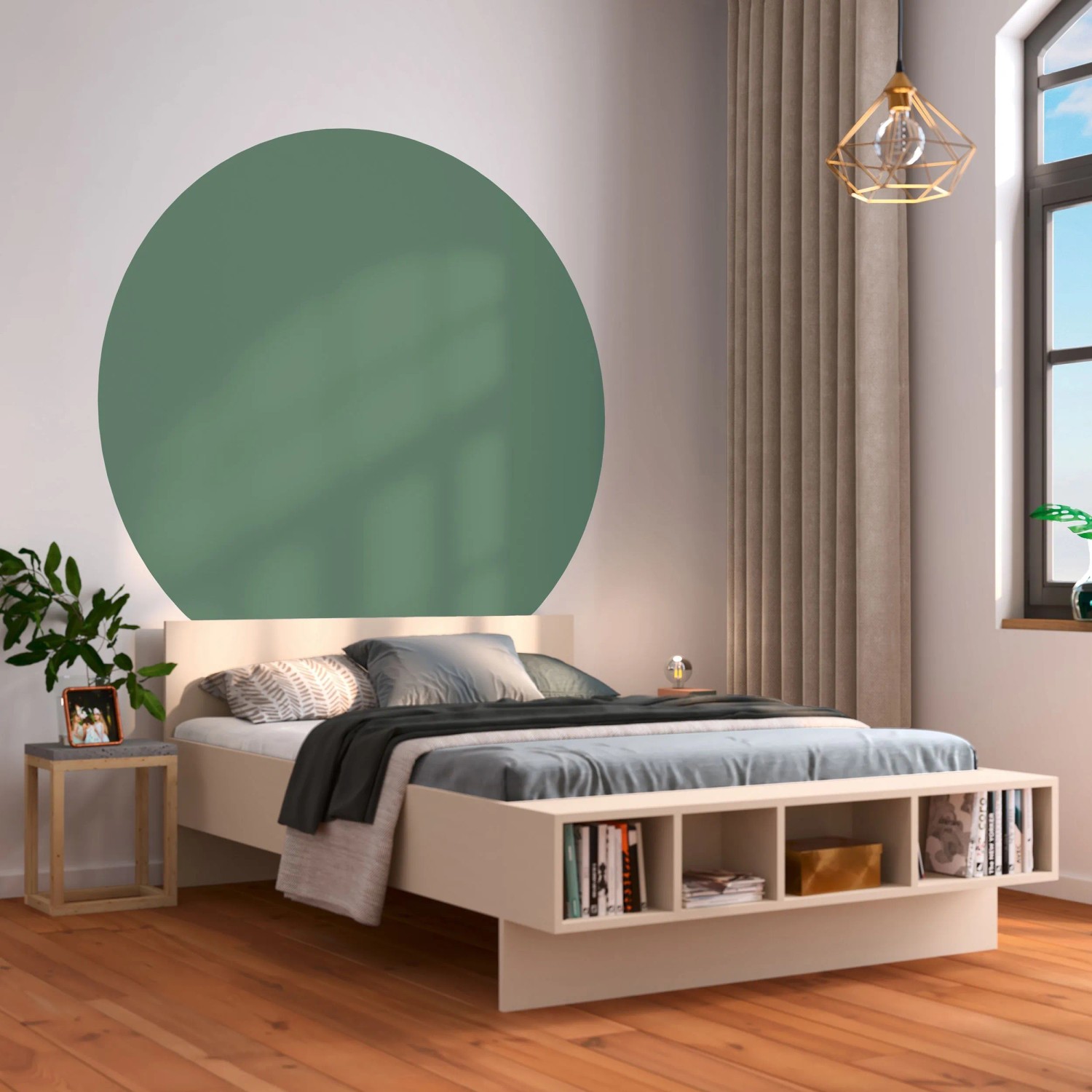 Schlafzimmer mit Wand in Piniengrün (CREATE! by OBI Wandfarbe Lieblingsfarbe Karla).