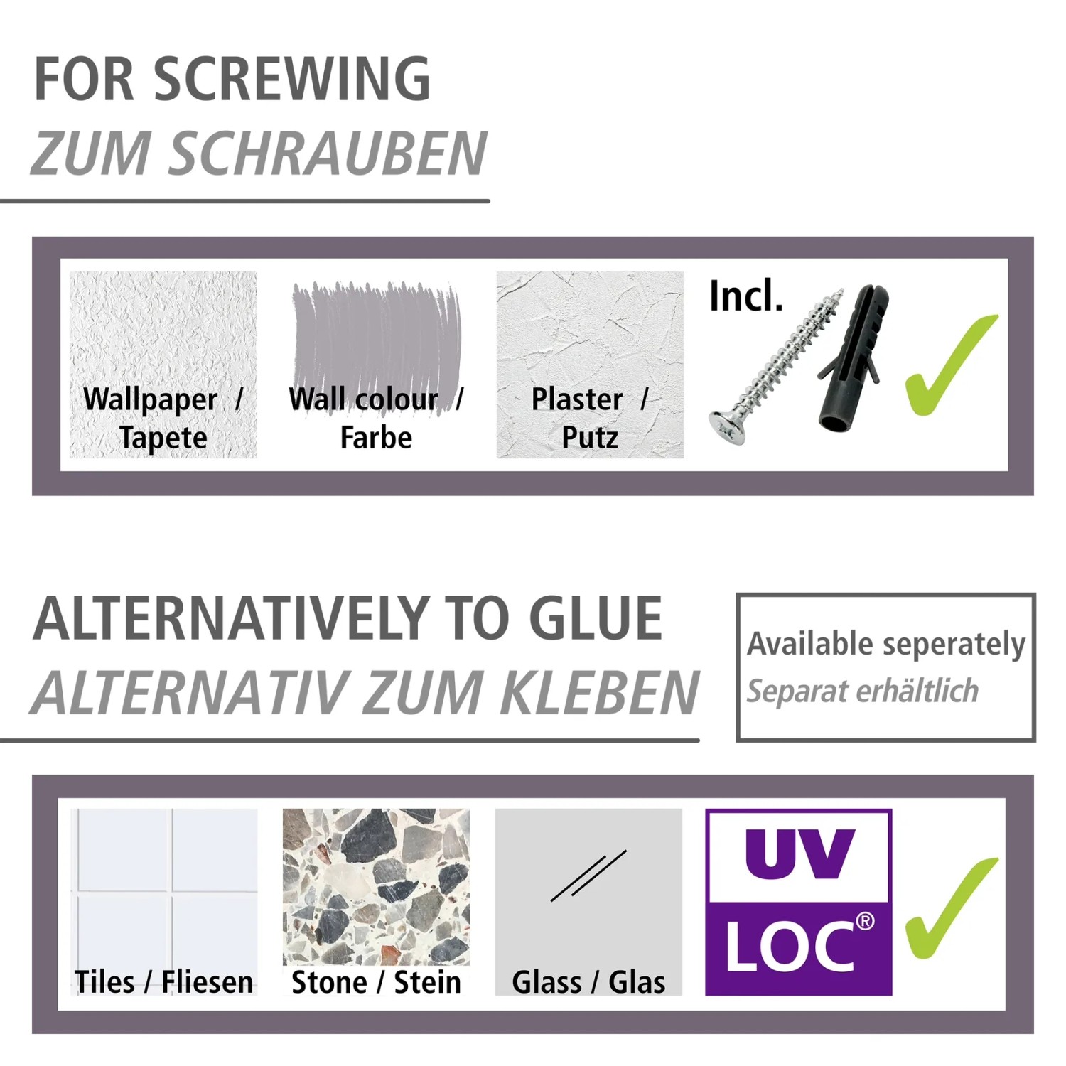 Montagearten der WENKO Wandablage: Schrauben auf Tapete, Farbe, Putz oder Kleben auf Fliesen, Stein, Glas.