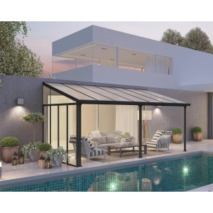 Palram Canopia Seitenwand 3 m Anthrazit an Terrassenüberdachung am Pool.