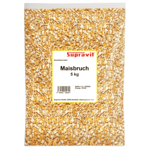 Transparenter Beutel Supravit Maisbruch 5 kg, gehackter Mais als energiereiches Futter für Hühner und Geflügel.