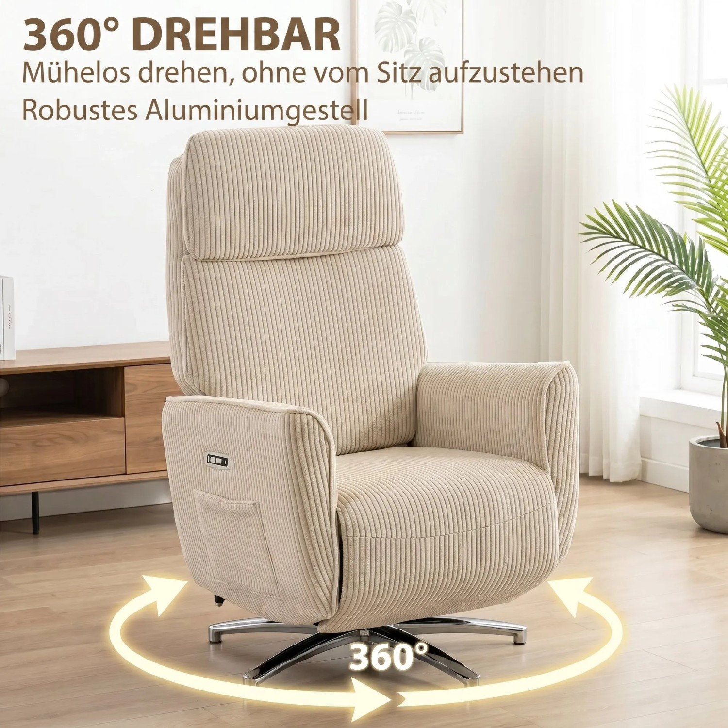 Cremeweißer HOMCOM Relaxsessel aus Cordstoff, 360° drehbar, mit elektrisch verstellbarer Rückenlehne und Fußstütze.