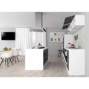 Respekta Premium Inselküche, 310 cm, Grau Hochglanz/Weiß, mit Kochinsel und Elektrogeräten.