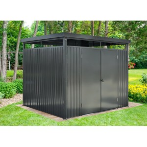 Floraworld Metall-Gerätehaus in Anthrazit, 6,43 m², mit Doppeltür im Garten.