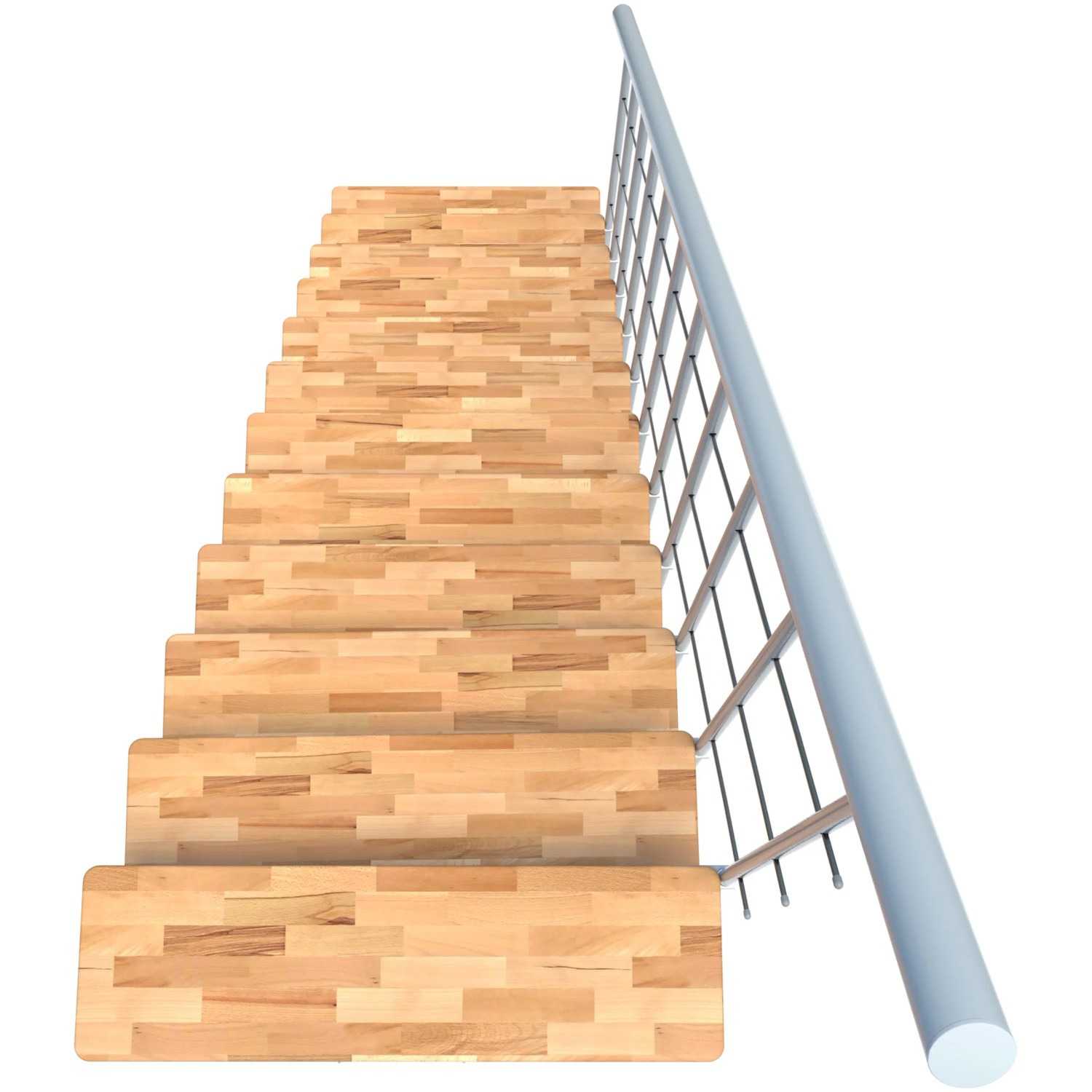 Minka Mittelholmtreppe Comfort Top, Buche weiß, Aufsicht auf die Holzstufen mit weißem Geländer.