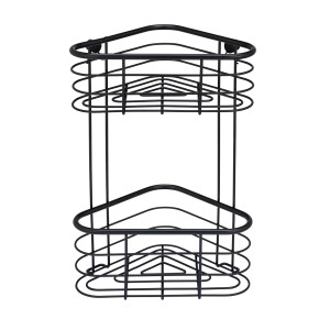 Schwarzes Wenko Eckregal Trestina aus Edelstahl mit 2 Ablagen für Badutensilien.