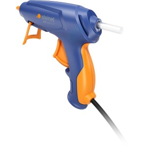 Steinel GlueMatic 1007-LT Heißklebepistole, blau-orange, mit Klebesticks und Box.