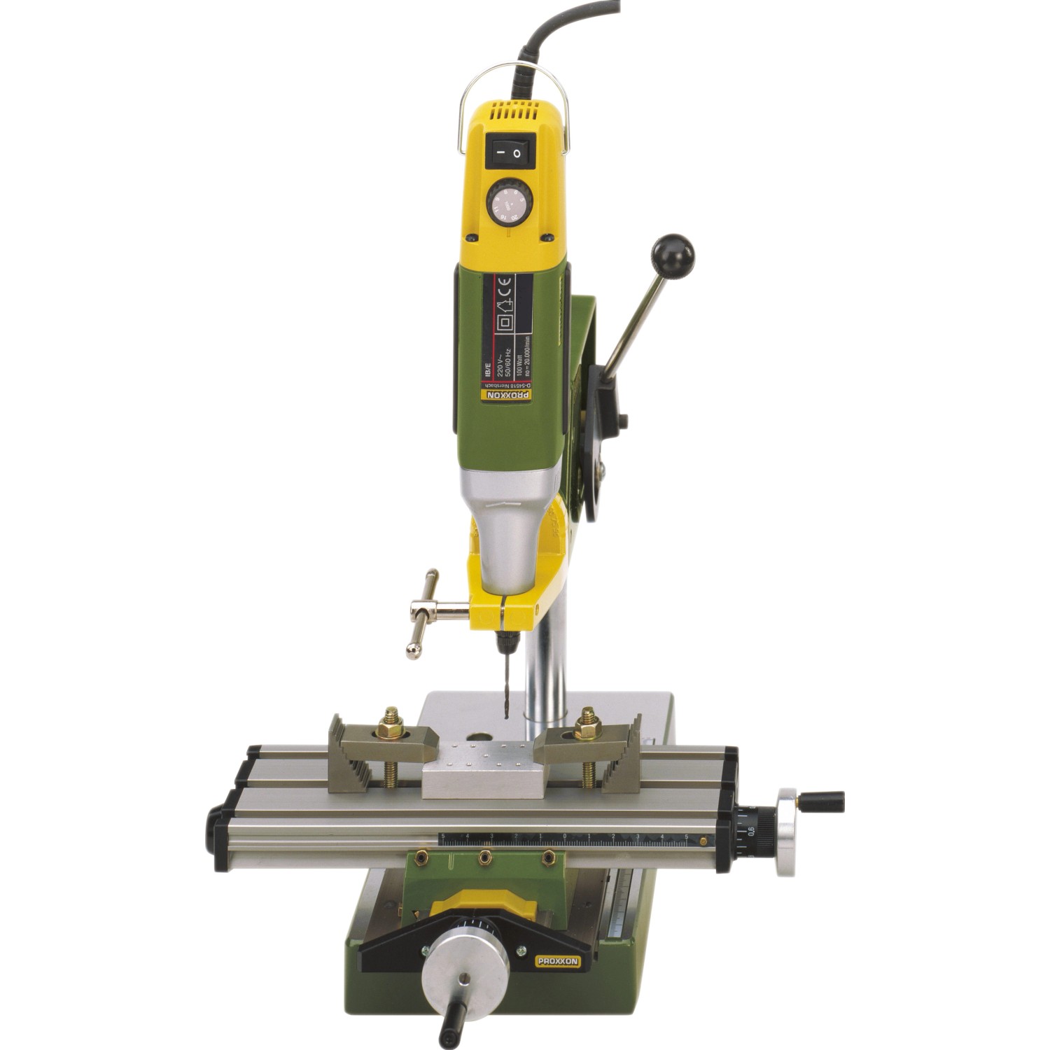 Proxxon Koordinatentisch Micro KT 70 mit Bohrständer und Werkstück.