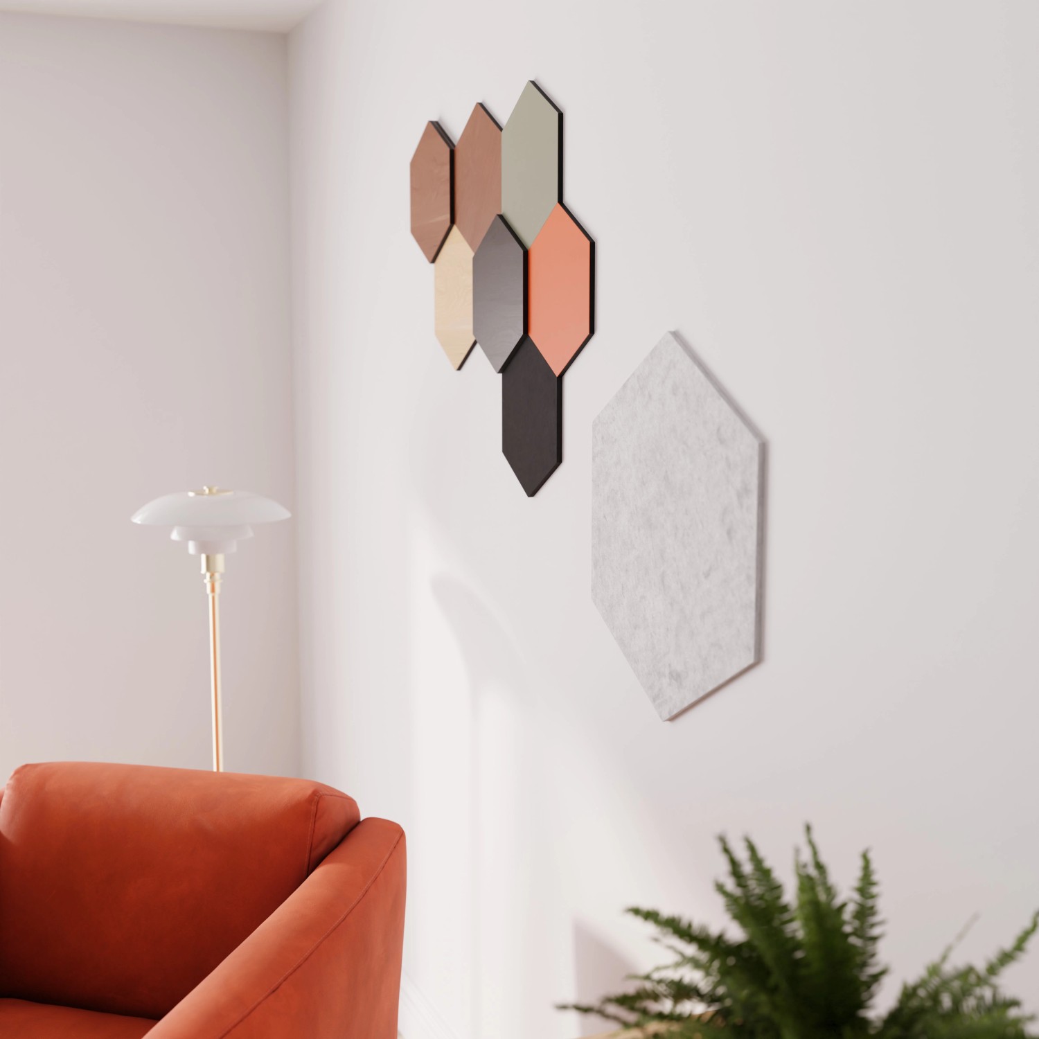 Designpaneel Hexagon Walnuss Clear, 3er Set, zur Wandgestaltung und Schallabsorption.