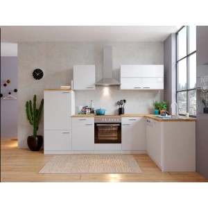 Respekta Winkelküche KBL280WWCG in Weiß und Nussbaum Butcher mit E-Geräten.